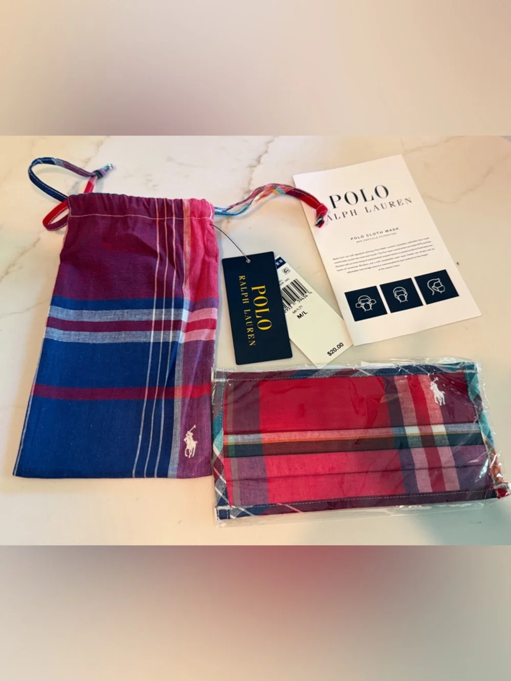 NEW Polo Ralph Lauren Cotton Face Mask Size M/L Plaid Colorful With Dust Bag